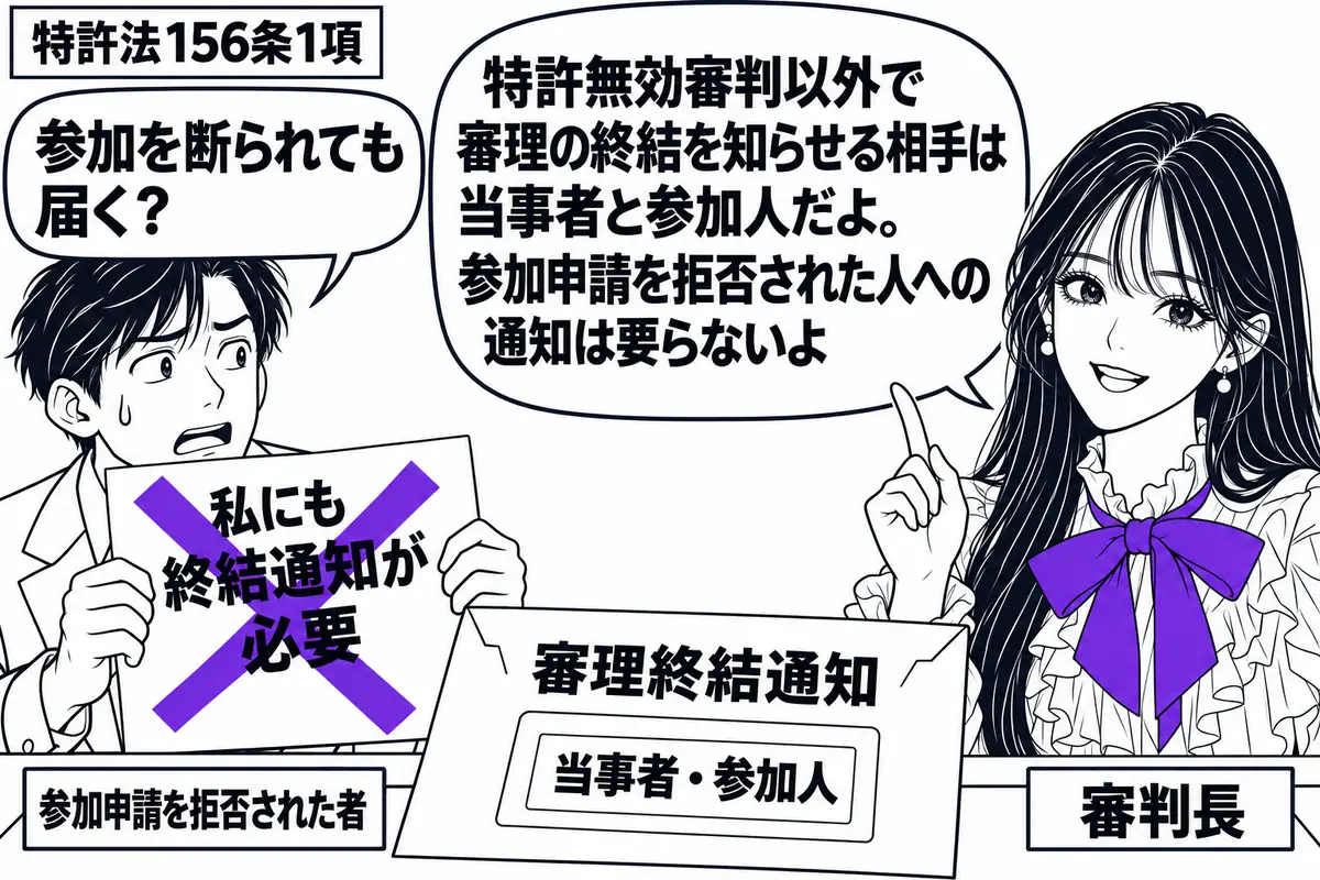 先生が右で審判長役（札「審判長」）。机に審理終結通知の封筒を置き、宛先欄には「当事者・参加人」。左の男性（札「参加申請を拒否された者」）が差し出す「私にも終結通知が必要」の付箋にヴァイオレットの×印。先生の吹き出し「特許無効審判以外で審理の