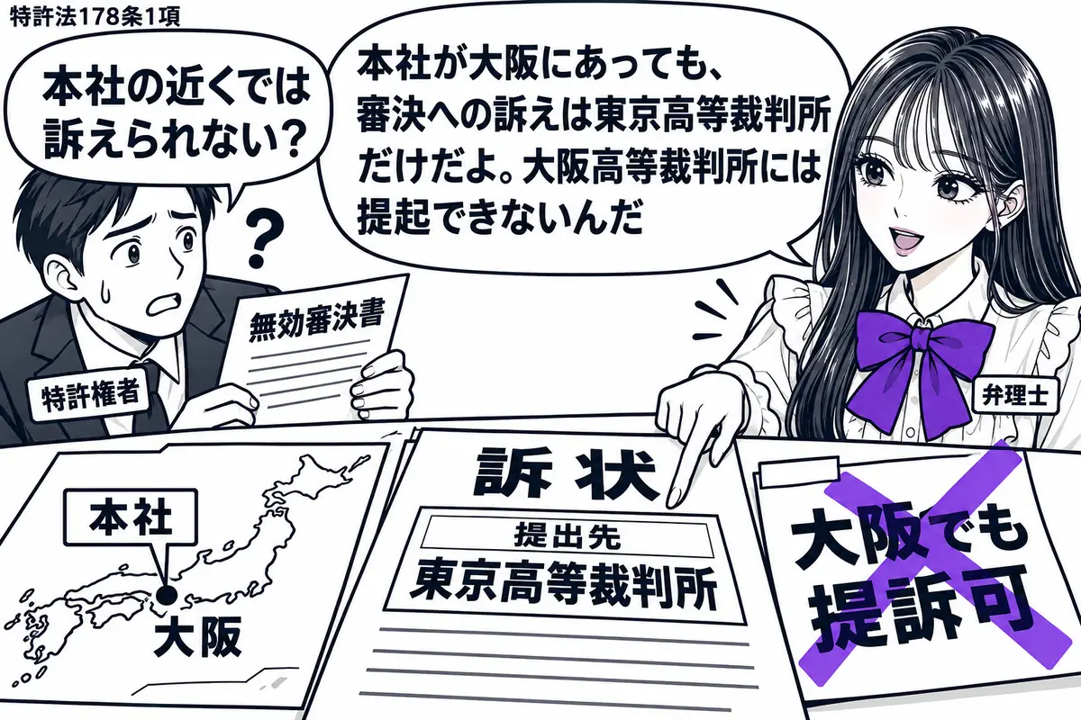 先生が相談机の右に立つ（札「弁理士」）。左に無効審決書を持つ男性（札「特許権者」）。机には本社の位置を示す地図と訴状があり、訴状に貼られた「大阪でも提訴可」の付箋に大きなヴァイオレットの×印。先生は訴状の提出先欄を指している。先生の吹き出し