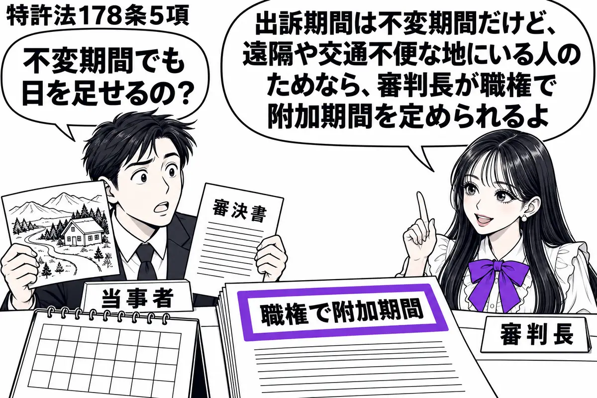 先生が審判の机の右に座る（札「審判長」）。左に山奥の家を描いた地図と審決書を持つ男性（札「当事者」）。机に置いた暦の横に「職権で附加期間」の決定書があり、その表題をヴァイオレットの枠で囲む。先生の吹き出し「出訴期間は不変期間だけど、遠隔や交