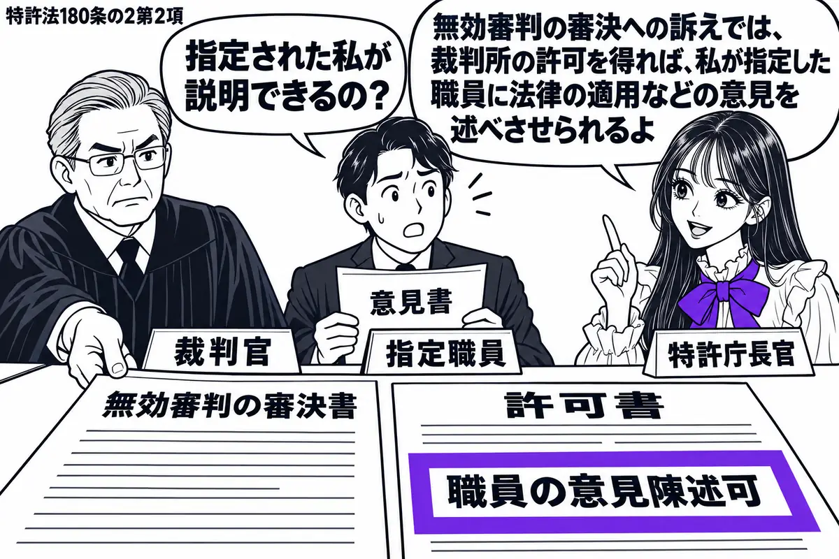 先生が法廷の右に立つ（札「特許庁長官」）。中央に意見書を持つ男性（札「指定職員」）、左に許可書を差し出す人物（札「裁判官」）。机の無効審判の審決書の横に許可書を置き、「職員の意見陳述可」の欄をヴァイオレットの枠で囲む。先生の吹き出し「無効審