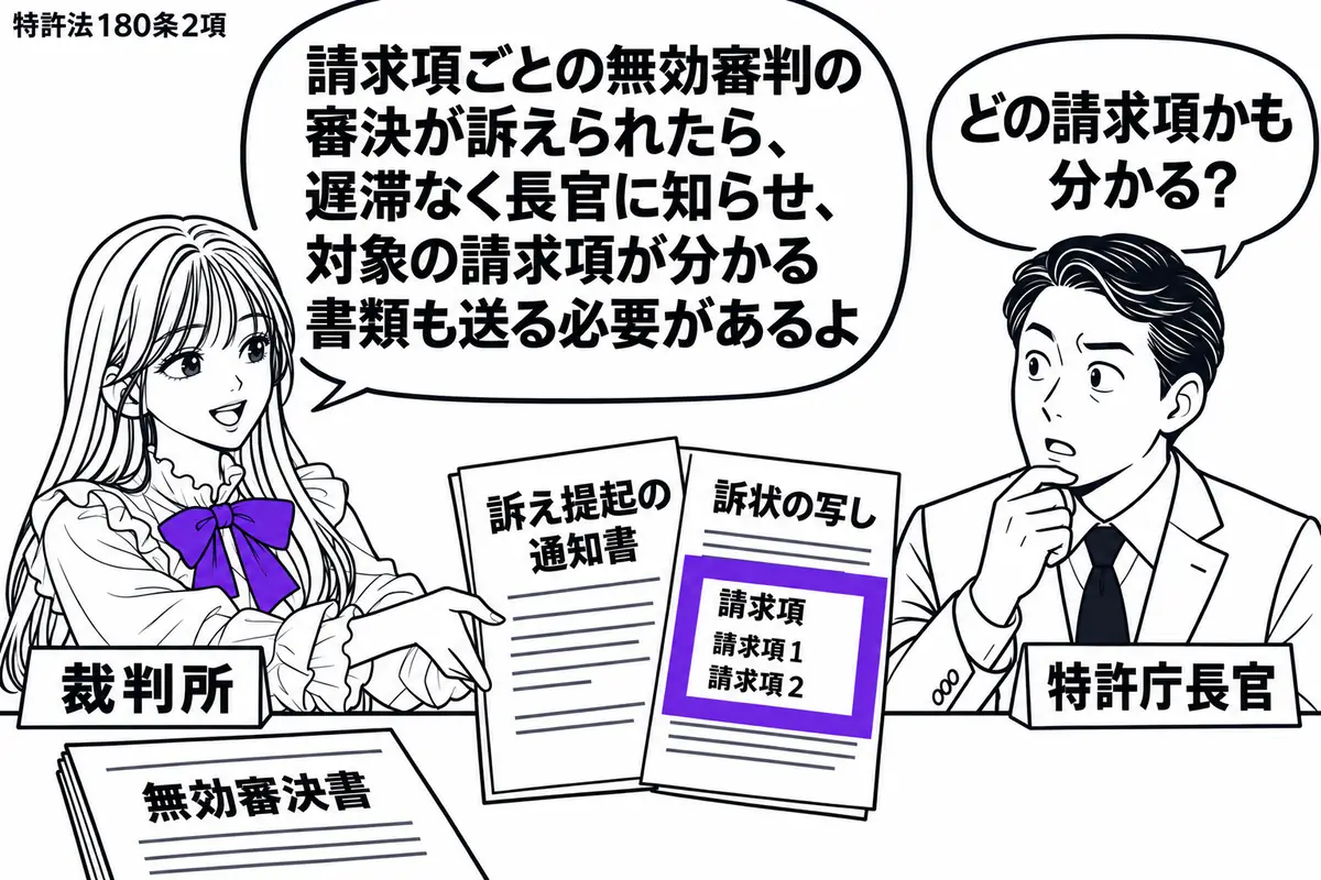 先生が左で裁判所の担当者役（札「裁判所」）。右の男性（札「特許庁長官」）へ、訴え提起の通知書と訴状の写しを一組にして差し出す。机の無効審決書を背に、写しの請求項欄をヴァイオレットの枠で囲む。先生の吹き出し「請求項ごとの無効審判の審決が訴えら