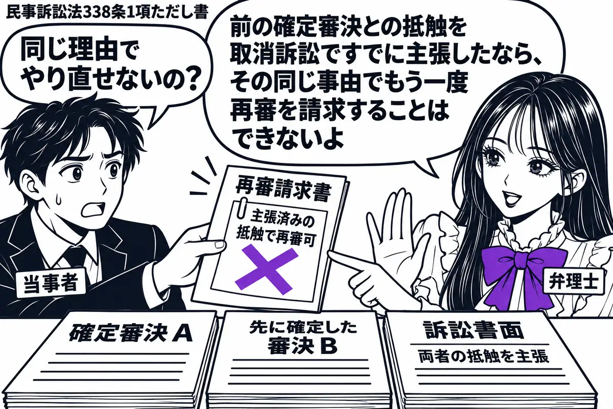 先生が相談机の右に立つ（札「弁理士」）。左に再審請求書を差し出す男性（札「当事者」）。机に確定審決Ａと先に確定した審決Ｂ、両者の抵触を主張した訴訟書面を並べる。請求書の「主張済みの抵触で再審可」の付箋にヴァイオレットの×印。先生の吹き出し「