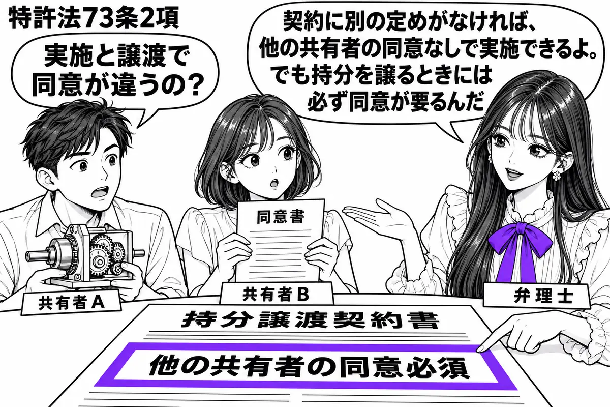先生が相談机の右に立つ(札「弁理士」)。左に機械の模型を持つ男性(札「共有者A」)、中央に同意書を持つ女性(札「共有者B」)。机に持分譲渡契約書を置き、その「他の共有者の同意必須」の欄をヴァイオレットの枠で囲む。先生の吹き出し「契約に別の定