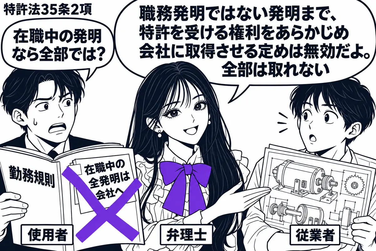 先生が中央に立つ弁理士役(札「弁理士」)。左の使用者(札「使用者」)が勤務規則を開き、右の従業者(札「従業者」)が私生活で考えた発明の図面を抱える。勤務規則に貼った付箋「在職中の全発明は会社へ」に大きなヴァイオレットの×印。先生は図面を持つ