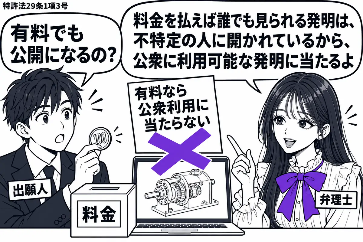 先生が弁理士役(札「弁理士」)で右に立つ。左に硬貨を持つ男性(札「出願人」)、中央に発明の図が表示されたパソコンと料金箱。画面脇の付箋「有料なら公衆利用に当たらない」に大きなヴァイオレットの×印。先生の吹き出し「料金を払えば誰でも見られる発