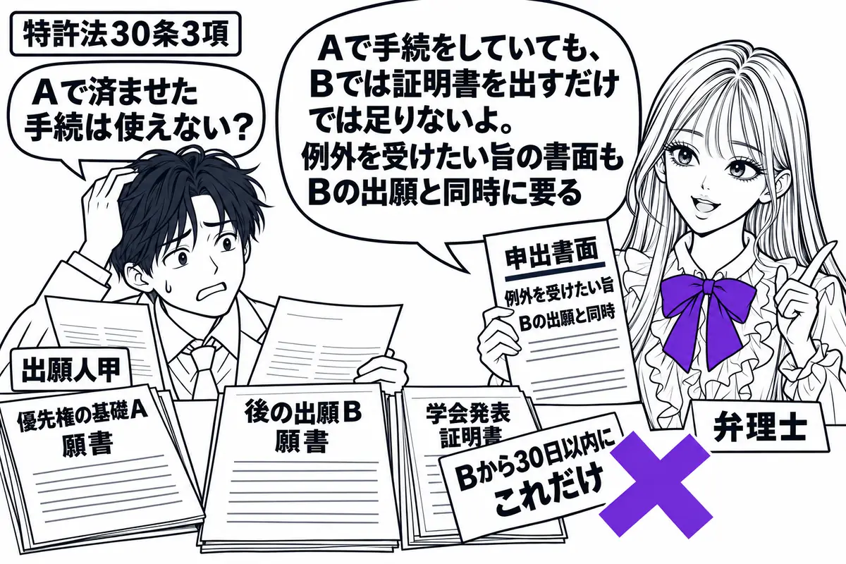 先生が右に立つ弁理士役(札「弁理士」)。左の甲(札「出願人甲」)が、優先権の基礎Aの願書を脇に置き、後の出願Bの願書と学会発表の証明書を広げる。証明書の付箋「Bから30日以内にこれだけ」にヴァイオレットの×印。先生はBの願書と同時に出す申出