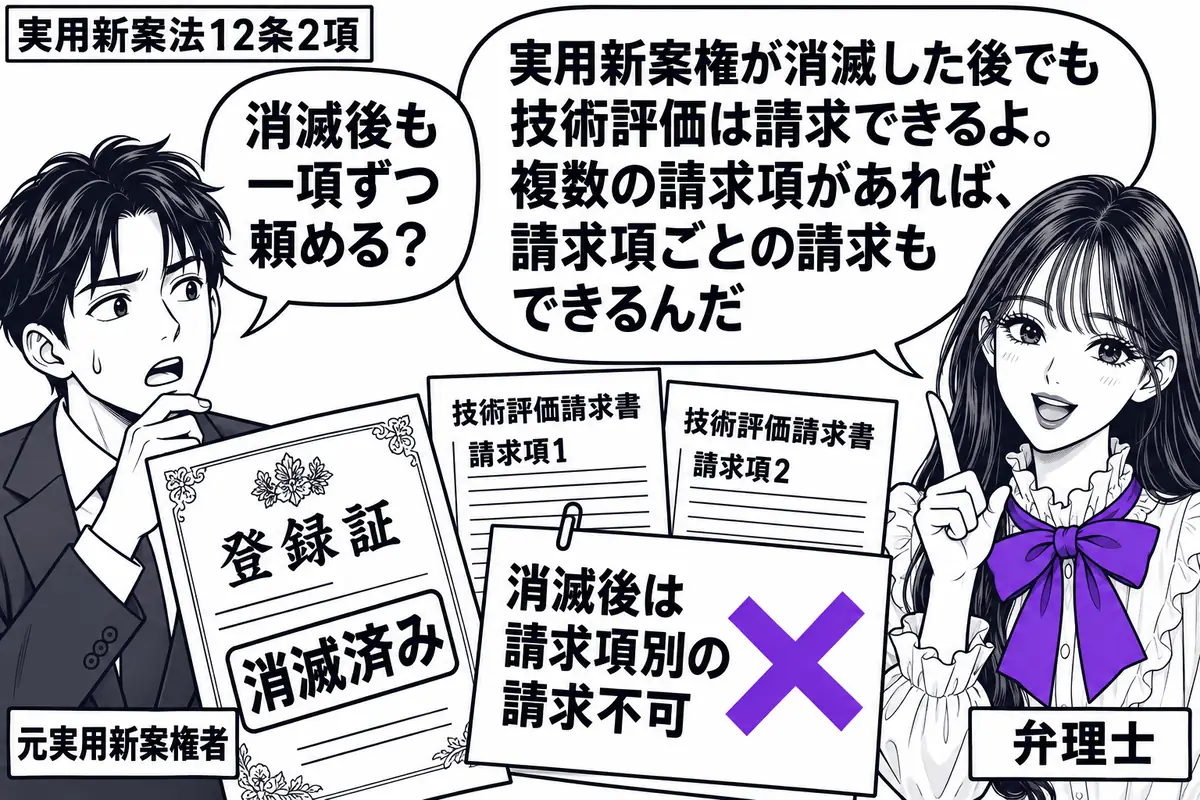 先生が弁理士役(札「弁理士」)で右に立つ。左の男性(札「元実用新案権者」)の前に、消滅済みの登録証と請求項別に分けた技術評価請求書。請求書の付箋「消滅後は請求項別の請求不可」にヴァイオレットの×印。先生の吹き出し「実用新案権が消滅した後でも