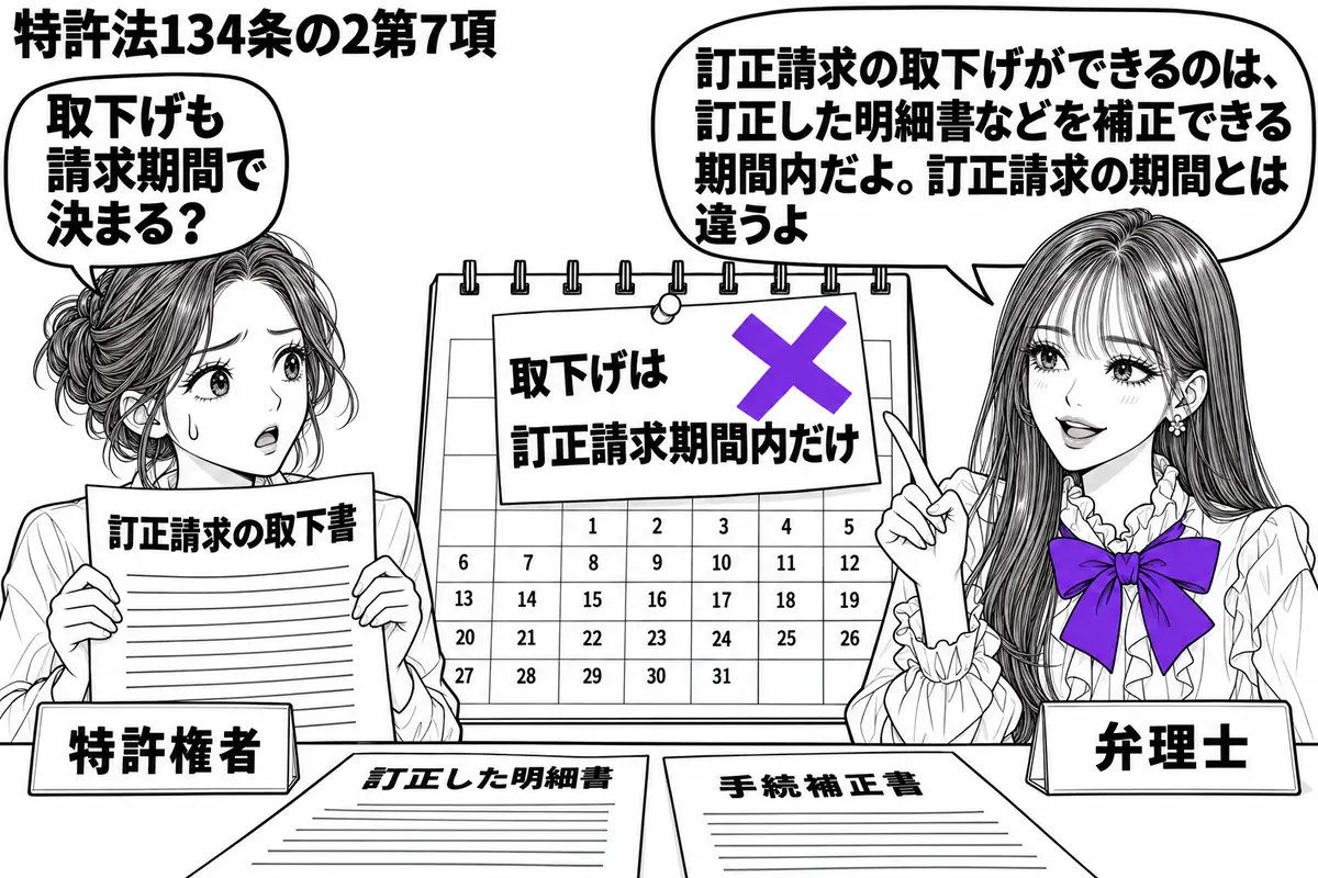 先生が右で弁理士役（札「弁理士」）。左の女性（札「特許権者」）が訂正請求の取下書を持つ。机に訂正した明細書と手続補正書を置き、カレンダーに貼った「取下げは訂正請求期間内だけ」の付箋にヴァイオレットの×印。先生の吹き出し「訂正請求の取下げがで