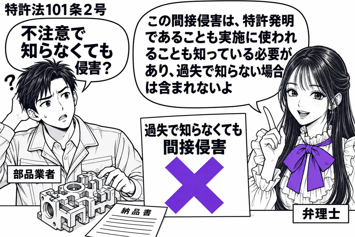 先生が右で弁理士役(札「弁理士」)。左の男性(札「部品業者」)が特殊な部品と納品書を机に置く。部品は発明の課題解決に不可欠なもので、男性は特許の存在も用途も知らずに首をかしげる。「過失で知らなくても間接侵害」の付箋にヴァイオレットの×印。先