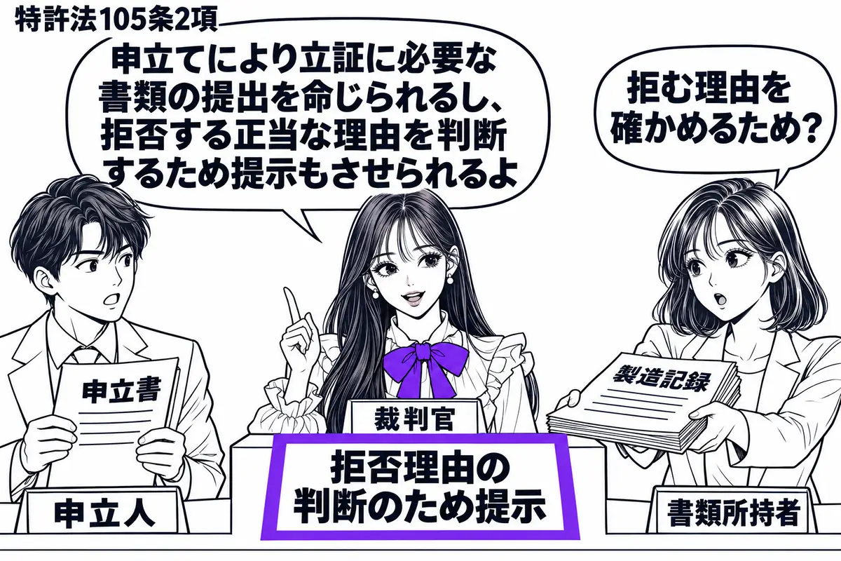 先生が中央の法廷で裁判官役(札「裁判官」)。左に申立書を持つ男性(札「申立人」)、右に製造記録を抱える女性(札「書類所持者」)。先生の机の「拒否理由の判断のため提示」の付箋をヴァイオレットの枠で囲み、女性が記録を先生に差し出す。先生の吹き出