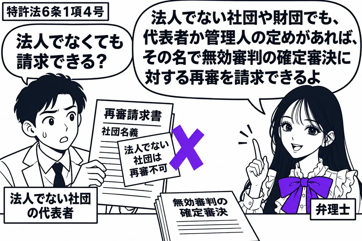 先生が弁理士役(札「弁理士」)で右。左の男性(札「法人でない社団の代表者」)が社団名義の再審請求書を持ち、机に無効審判の確定審決を置く。請求書の付箋「法人でない社団は再審不可」にヴァイオレットの×印。先生の吹き出し「法人でない社団や財団でも
