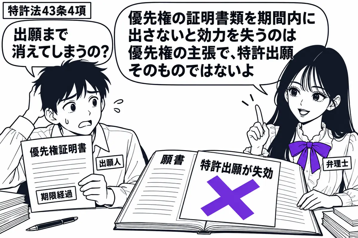 先生が机の右に立つ弁理士役(札「弁理士」)。左に期限を過ぎた優先権証明書を抱える人(札「出願人」)。机には願書が残り、その上の付箋「特許出願が失効」に大きなヴァイオレットの×印。先生は願書を広げたまま、証明書を持つ相手に説明している。先生の
