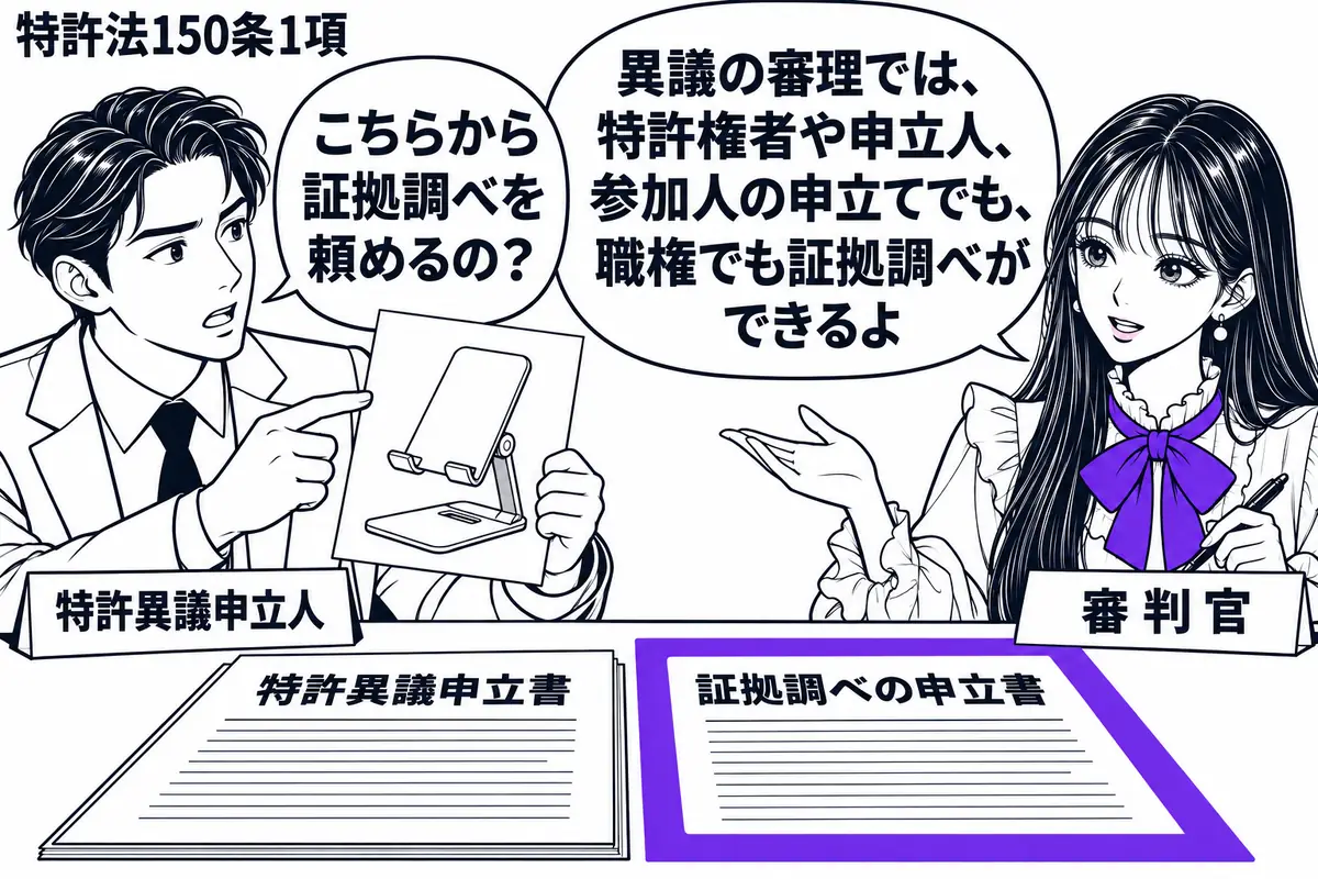 先生が審理の机の右側に立つ審判官役(札「審判官」)。左に証拠の写真を差し出す男性(札「特許異議申立人」)。机には特許異議申立書と証拠調べの申立書が並び、後者をヴァイオレットの枠で囲む。先生の吹き出し「異議の審理では、特許権者や申立人、参加人