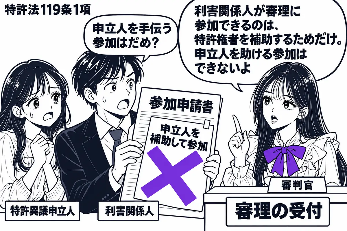 先生が審理の受付の右側に立つ審判官役(札「審判官」)。左に参加申請書を持つ男性(札「利害関係人」)、その隣に男性が助けようとする女性(札「特許異議申立人」)。申請書の付箋「申立人を補助して参加」に大きなヴァイオレットの×印。先生の吹き出し「