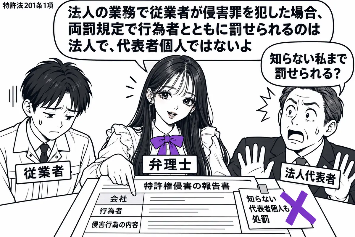 先生が中央の机に立つ弁理士役（札「弁理士」）。左にうつむく人（札「従業者」）、右に驚く人（札「法人代表者」）。机には特許権侵害の報告書があり、付箋「知らない代表者個人も処罰」に大きなヴァイオレットの×印。先生は報告書の会社の欄を指で示す。先