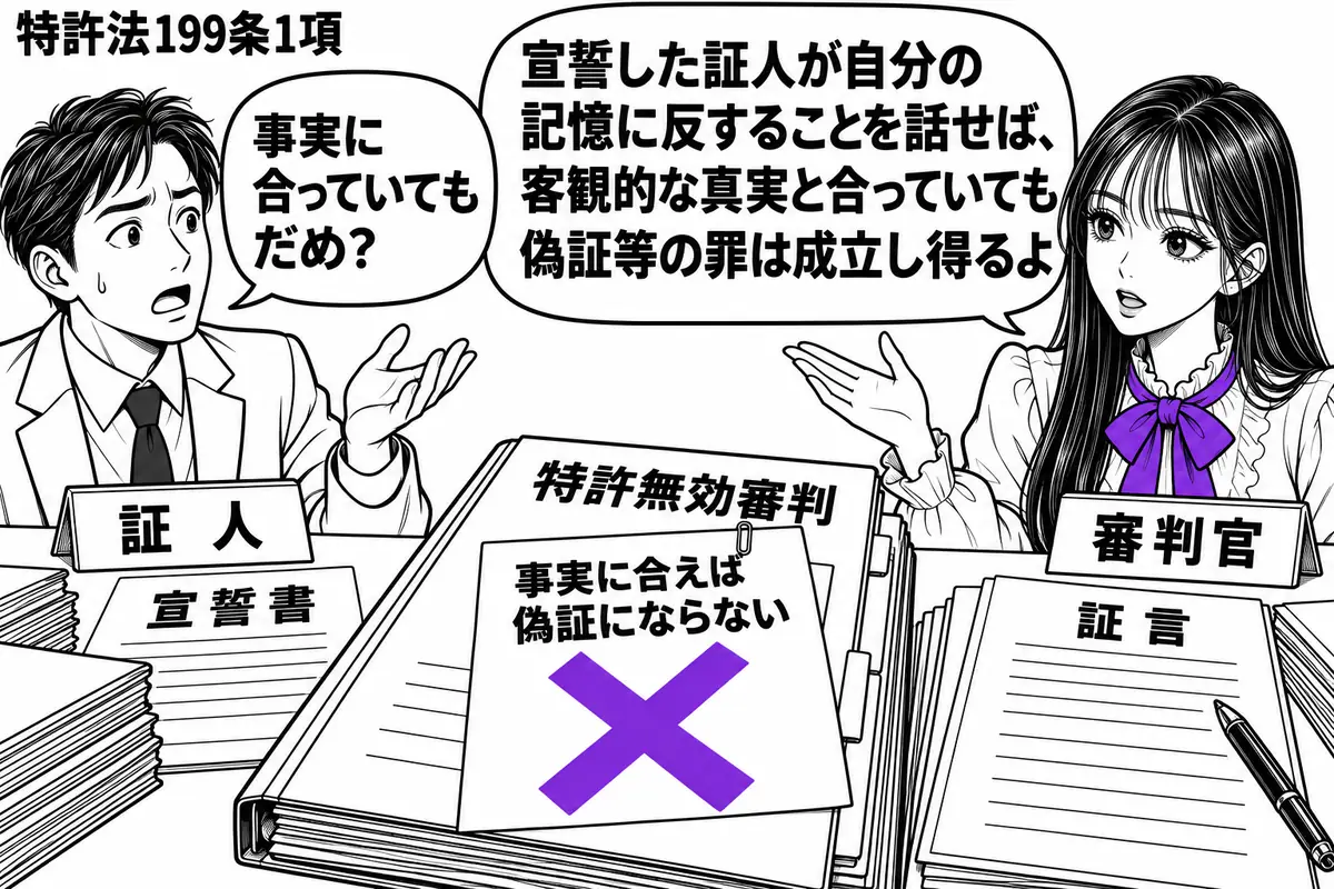 先生が右の審理机に座る審判官役（札「審判官」）。左に宣誓書を置いて話す人（札「証人」）。机には特許無効審判の記録と証言の筆記用紙。筆記用紙に貼った「事実に合えば偽証にならない」の付箋に大きなヴァイオレットの×印。先生は証人の顔を見て説明する
