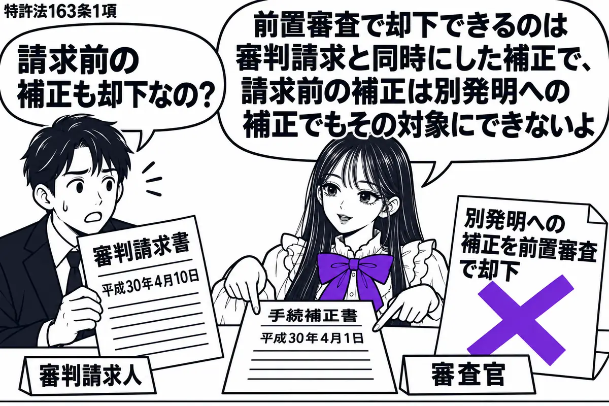 先生が右の机に座る審査官役(札「審査官」)。左に審判請求書を持つ人(札「審判請求人」)。机に請求前の日付の手続補正書があり、付箋「別発明への補正を前置審査で却下」に大きなヴァイオレットの×印。先生は二つの書類の日付を指で比べる。先生の吹き出