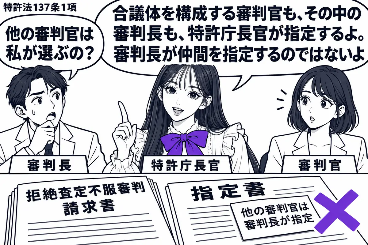 先生が中央の机の奥に立つ特許庁長官役（札「特許庁長官」）。左に男性（札「審判長」）、右に女性（札「審判官」）。机には拒絶査定不服審判の請求書と指定書があり、指定書の付箋「他の審判官は審判長が指定」にヴァイオレットの×印。先生の吹き出し「合議