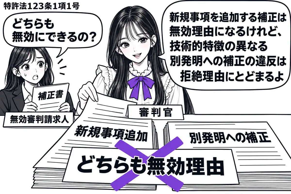 先生が中央の机に座る審判官役(札「審判官」)。左に補正書を持つ人(札「無効審判請求人」)。机には「新規事項追加」「別発明への補正」の二つの資料が並び、両方にまたがる付箋「どちらも無効理由」に大きなヴァイオレットの×印。先生は新規事項追加の資