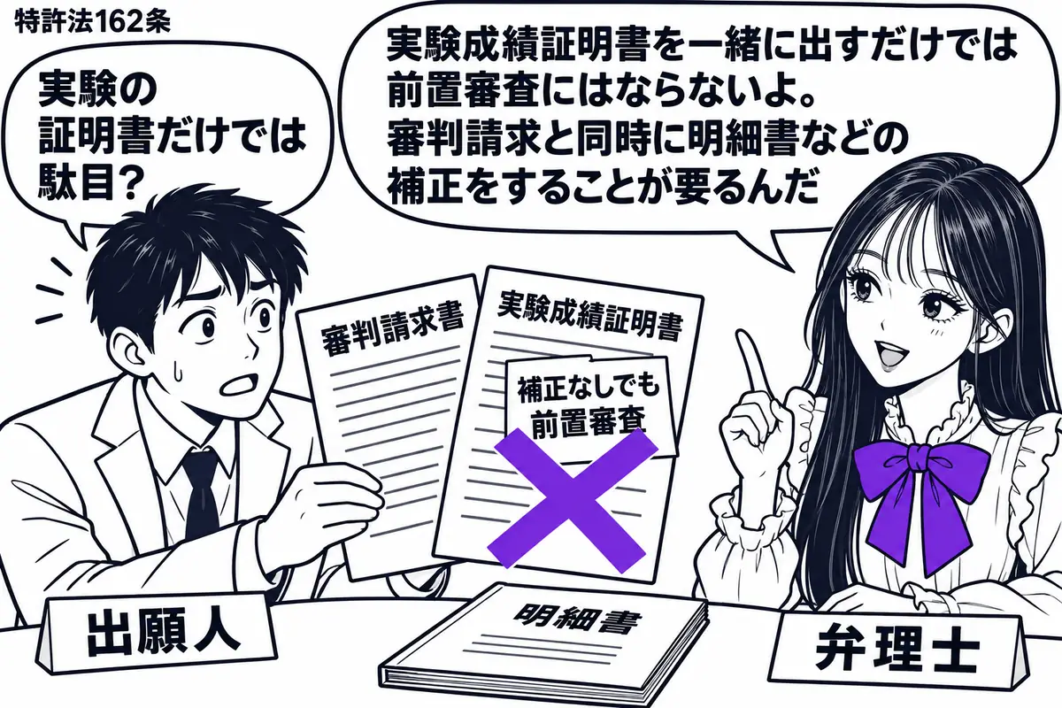 先生が右の相談机にいる弁理士役（札「弁理士」）。左に審判請求書と実験成績証明書を重ねて出す男性（札「出願人」）。机の明細書は書き直されず閉じたまま。証明書の付箋「補正なしでも前置審査」にヴァイオレットの×印。先生の吹き出し「実験成績証明書を