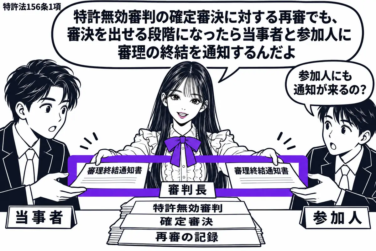 先生が中央の審判席で審判長役（札「審判長」）。左右に男性２人（札「当事者」「参加人」）。机には特許無効審判の確定審決と再審の記録を重ね、先生が２人に渡す審理終結通知書をまとめてヴァイオレットの枠で囲む。先生の吹き出し「特許無効審判の確定審決