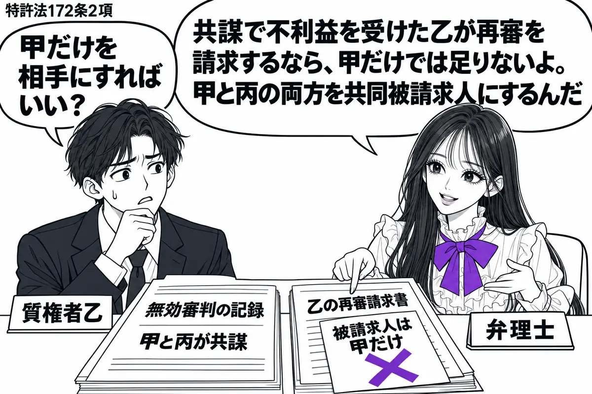 先生が右の相談机で弁理士役（札「弁理士」）。左に困った男性（札「質権者乙」）。机に甲と丙が共謀した無効審判の記録と、乙の再審請求書を並べる。請求書に貼った「被請求人は甲だけ」の付箋にヴァイオレットの×印。先生の吹き出し「共謀で不利益を受けた