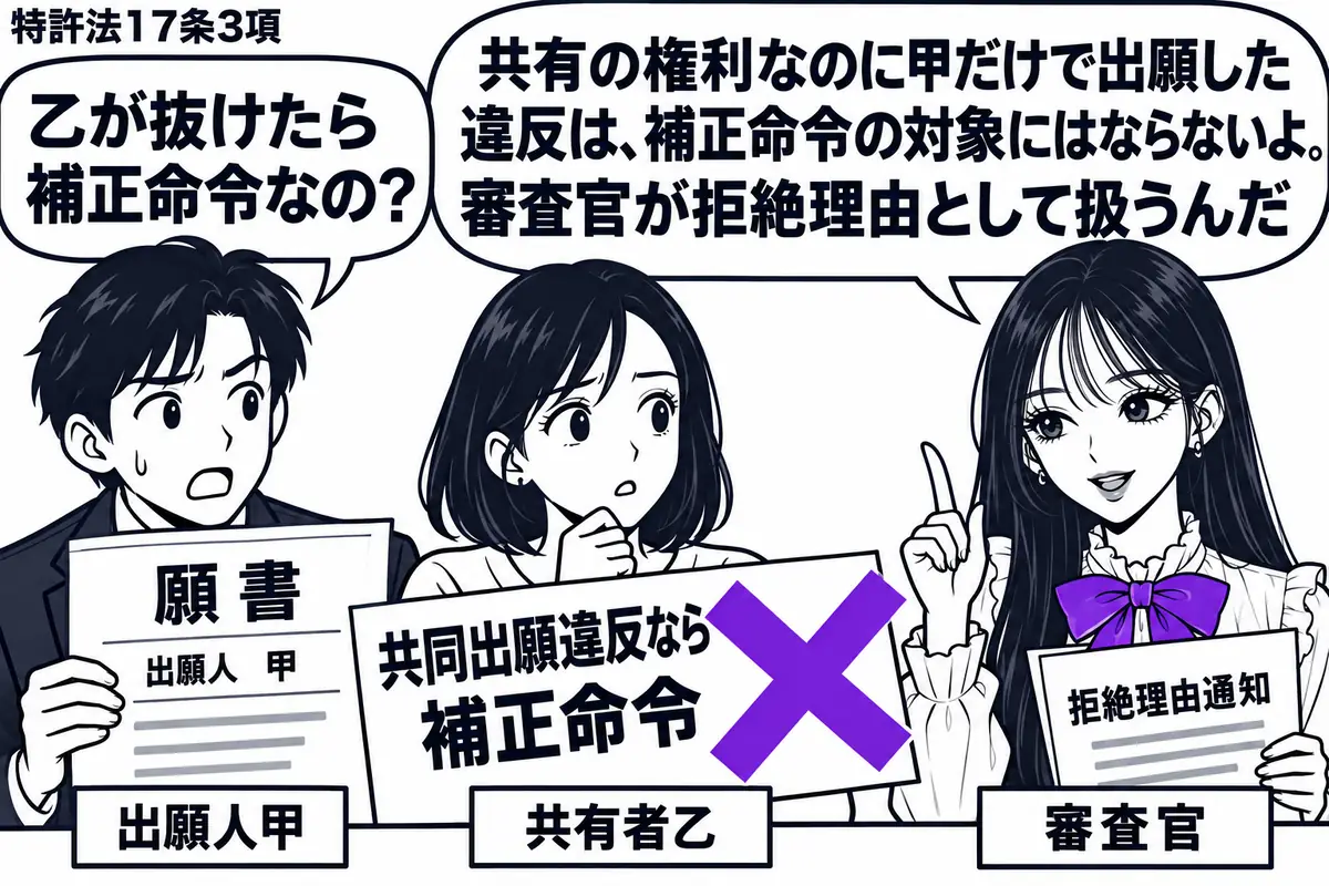 先生が窓口の右に立つ(札「審査官」)。左に願書を持つ男性(札「出願人甲」)、その隣に女性(札「共有者乙」)。願書の出願人欄は甲だけで、添えた「共同出願違反なら補正命令」の付箋に大きなヴァイオレットの×印。先生は拒絶理由通知を手にする。先生の