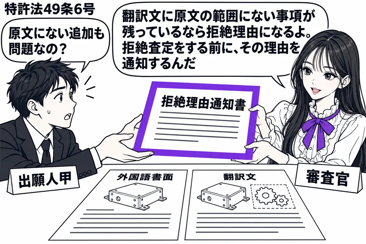 先生が右の審査机で審査官役(札「審査官」)。左に書類を差し出す男性(札「出願人甲」)。机には外国語書面と翻訳文を並べ、翻訳文だけに余分な図を描いて原文との差を示す。先生が渡す拒絶理由通知書をヴァイオレットの枠で囲む。先生の吹き出し「翻訳文に