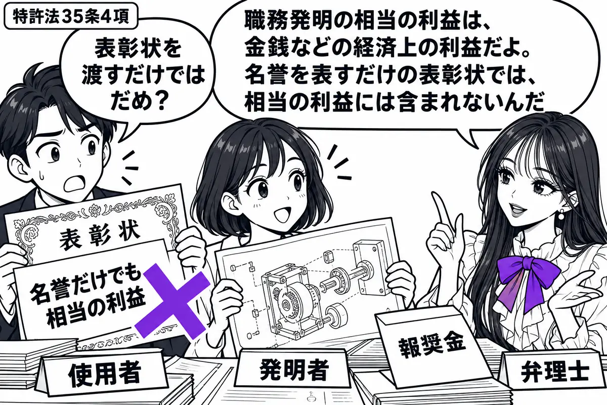先生が右の相談机で弁理士役(札「弁理士」)。左に表彰状を持つ男性(札「使用者」)、中央に発明の図面を抱える女性(札「発明者」)。表彰状の付箋「名誉だけでも相当の利益」にヴァイオレットの×印。机の上には報奨金用の封筒を置く。先生の吹き出し「職