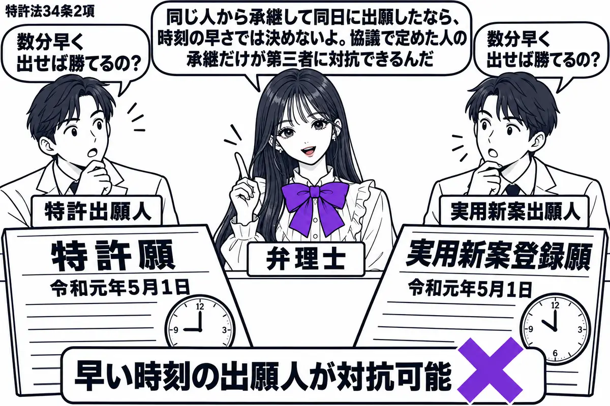 先生が中央の机で弁理士役(札「弁理士」)。左右に同じ人から権利を承継した男性2人(札「特許出願人」「実用新案出願人」)。同日付の願書2枚に時計を添え、付箋「早い時刻の出願人が対抗可能」にヴァイオレットの×印。先生の吹き出し「同じ人から承継し