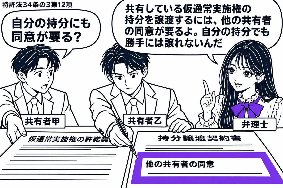 先生が右の相談机で弁理士役(札「弁理士」)。左に男性2人(札「共有者甲」「共有者乙」)。机に仮通常実施権の許諾契約書と持分譲渡契約書を並べる。甲が差し出す譲渡契約書の「他の共有者の同意」欄をヴァイオレットの枠で囲み、乙が記入しようとしている