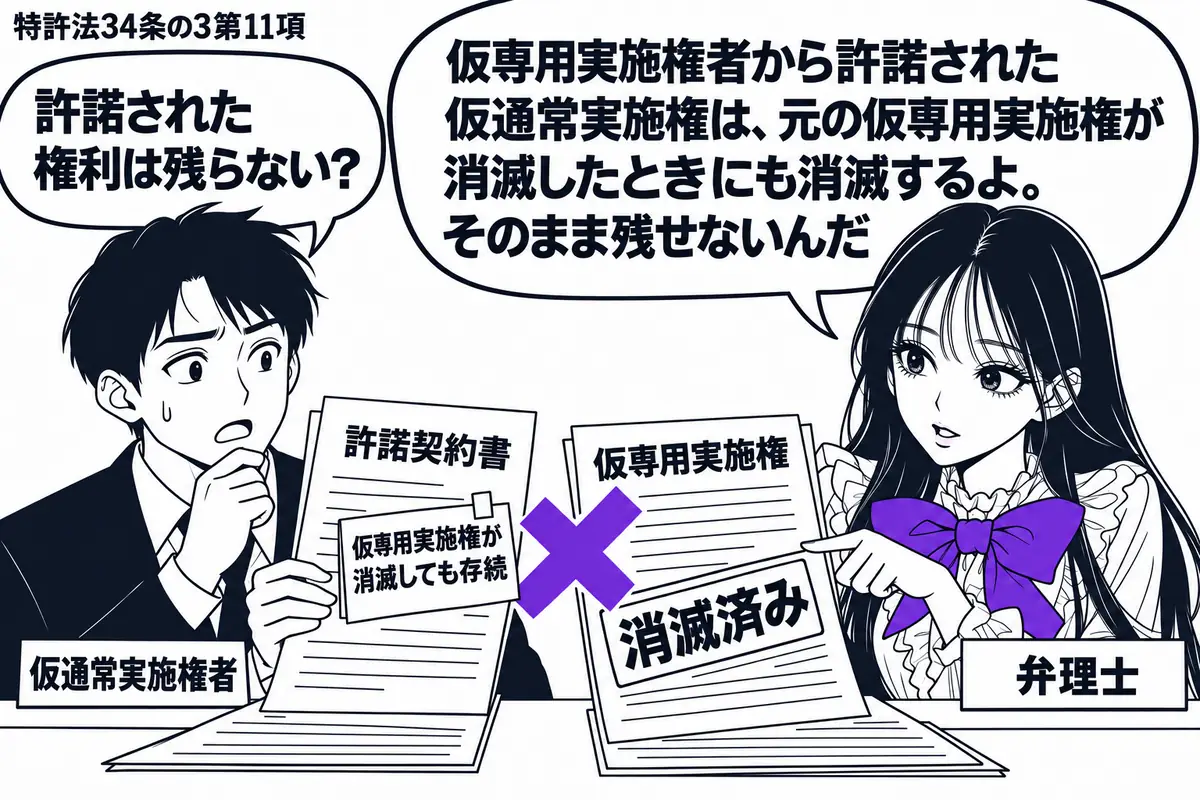 先生が机の右で弁理士役(札「弁理士」)。左に許諾契約書を持つ男性(札「仮通常実施権者」)。机には消滅済みと記した仮専用実施権の書類。契約書の付箋「仮専用実施権が消滅しても存続」にヴァイオレットの×印。先生は両方の書類を見比べる。先生の吹き出