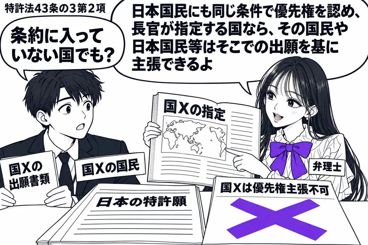 先生が相談机の右に立つ(札「弁理士」)。左に国Xの出願書類を持つ男性(札「国Xの国民」)。机には日本の特許願と「国Xは優先権主張不可」の付箋があり、付箋に大きなヴァイオレットの×印。先生は国Xの指定を示す資料を開く。先生の吹き出し「日本国民