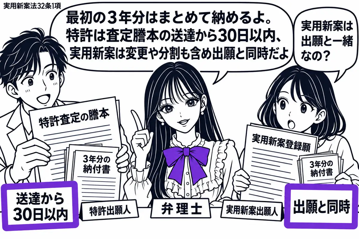 先生が中央の相談机にいる弁理士役(札「弁理士」)。左に特許査定の謄本を持つ男性(札「特許出願人」)、右に実用新案登録願を持つ女性(札「実用新案出願人」)。各書類に3年分の納付書を添え、付箋「送達から30日以内」と「出願と同時」をそれぞれヴァ