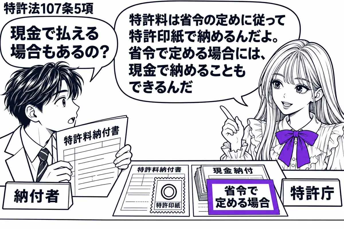 先生が納付窓口の右に座る(札「特許庁」)。左に特許料納付書を持つ男性(札「納付者」)。机には特許印紙を添えた納付書と、現金納付用の書類を並べる。現金側の「省令で定める場合」の付箋をヴァイオレットの枠で囲む。先生の吹き出し「特許料は省令の定め