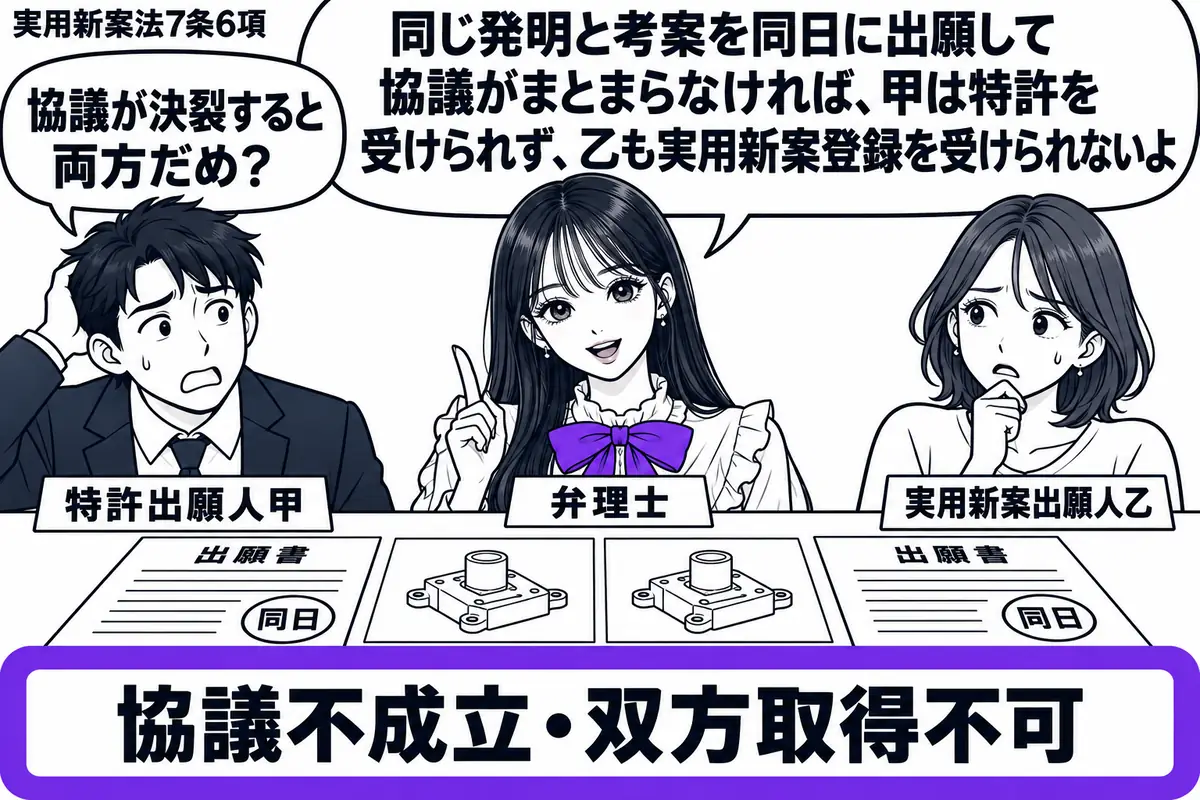 先生が中央の机にいる弁理士役(札「弁理士」)。左右に困り顔の男女(札「特許出願人甲」「実用新案出願人乙」)。机に同じ日付印のある二つの願書と、同じ形の発明・考案の図面を並べる。協議記録の付箋「協議不成立・双方取得不可」をヴァイオレットの枠で