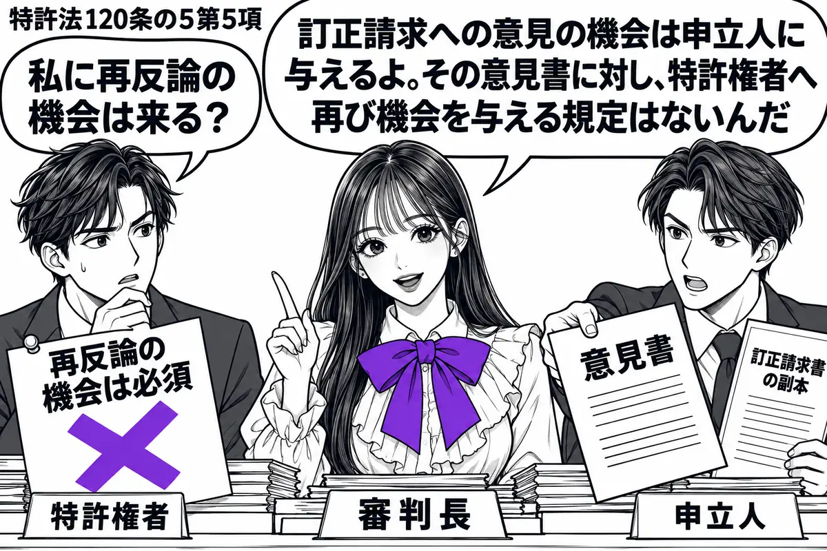 先生が中央で審判長役(札「審判長」)。右の異議申立人(札「申立人」)が、訂正請求書の副本を手元に置いて意見書を差し出す。左の特許権者(札「特許権者」)の前には「再反論の機会は必須」の付箋。付箋にヴァイオレットの×印。先生の吹き出し「訂正請求
