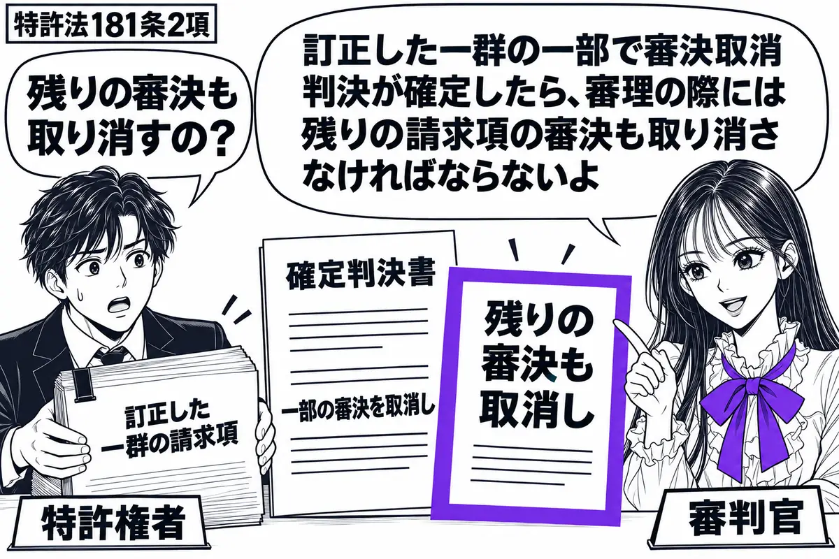 先生が右で審判官役（札「審判官」）。左の特許権者（札「特許権者」）が、訂正請求した一群の請求項を束ねた書類を置く。中央に一部の審決を取り消した確定判決書。その横の「残りの審決も取消し」の処理票をヴァイオレットの枠で囲む。先生の吹き出し「訂正