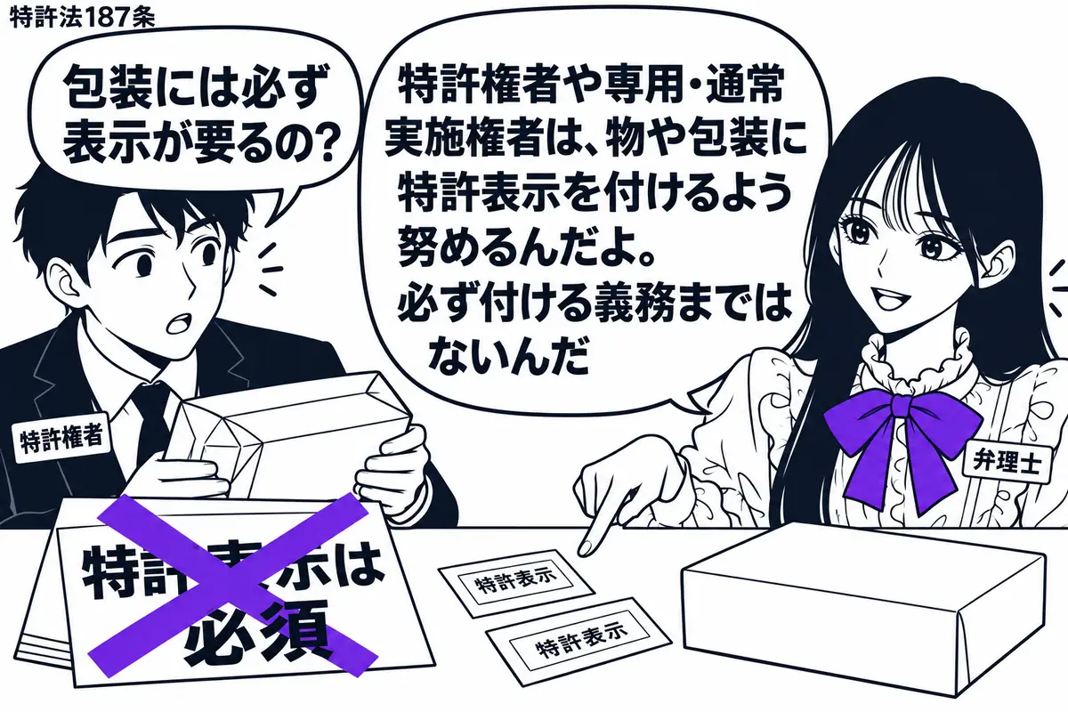 先生が作業机の右に立つ（札「弁理士」）。左に商品の包装を持つ男性（札「特許権者」）。机には特許表示用のラベルと包装箱があり、男性の「特許表示は必須」の付箋に大きなヴァイオレットの×印。先生は貼る前のラベルを指して説明する。先生の吹き出し「特