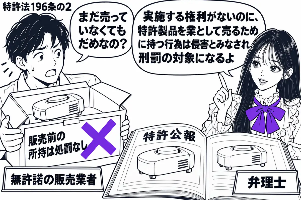 先生が右の相談机にいる弁理士役(札「弁理士」)。左に販売用の製品を箱詰めする男性(札「無許諾の販売業者」)。机に特許公報が開かれ、箱の製品と同じ図が載っている。箱に添えた「販売前の所持は処罰なし」の付箋に大きなヴァイオレットの×印。先生の吹
