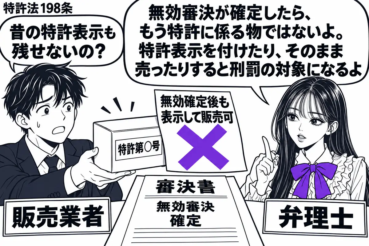 先生が右の相談机にいる弁理士役（札「弁理士」）。左に製品を差し出す男性（札「販売業者」）。製品には「特許第○号」の表示が残り、机には無効審決の確定を示す審決書。製品に添えた「無効確定後も表示して販売可」の付箋に大きなヴァイオレットの×印。先