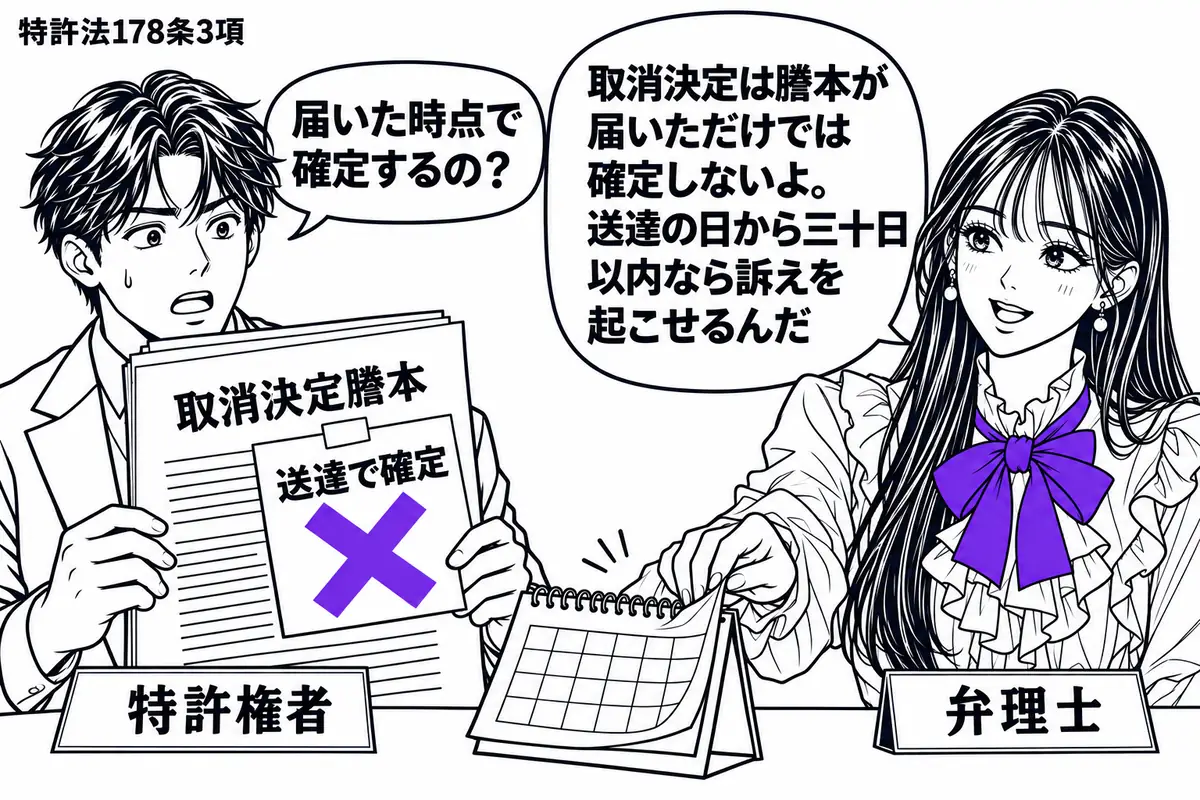 先生が机の右に立つ弁理士役(札「弁理士」)。左に男性(札「特許権者」)が「取消決定謄本」を受け取り、机には日めくり暦が置かれている。謄本に貼られた「送達で確定」の付箋に大きなヴァイオレットの×印。先生は暦を手元へ寄せる。先生の吹き出し「取消