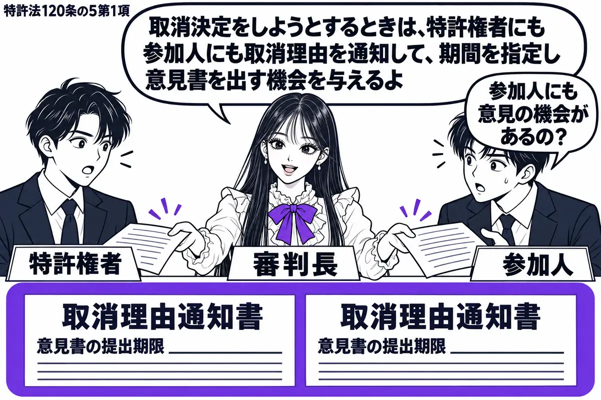 先生が中央の机にいる審判長役(札「審判長」)。左右に特許権者と参加人(札「特許権者」「参加人」)が座る。先生が二人へ取消理由通知書を一通ずつ渡し、各書面には意見書の提出期限欄。二通の通知書を一つのヴァイオレットの枠で囲む。先生の吹き出し「取