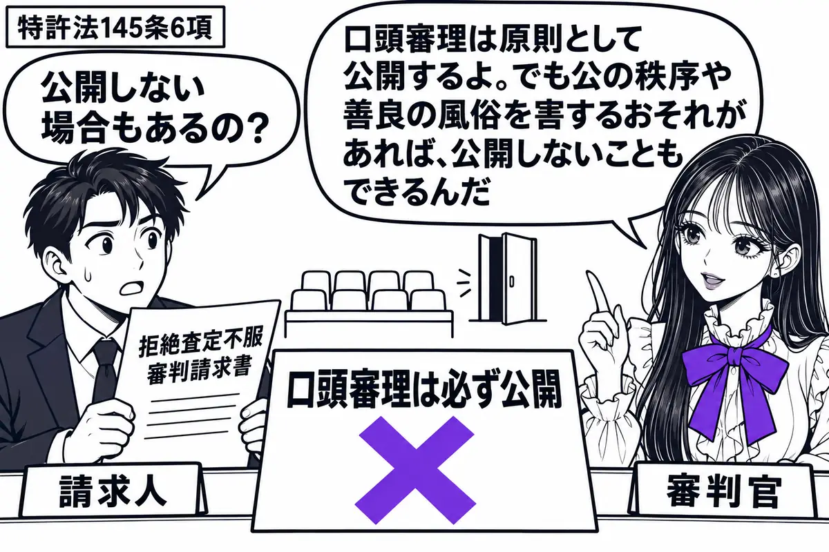 先生が審理室の右に立つ審判官役（札「審判官」）。左に男性（札「請求人」）が「拒絶査定不服審判請求書」を持ち、奥に空の傍聴席と閉じかけた扉がある。机の「口頭審理は必ず公開」の付箋に大きなヴァイオレットの×印。先生の吹き出し「口頭審理は原則とし