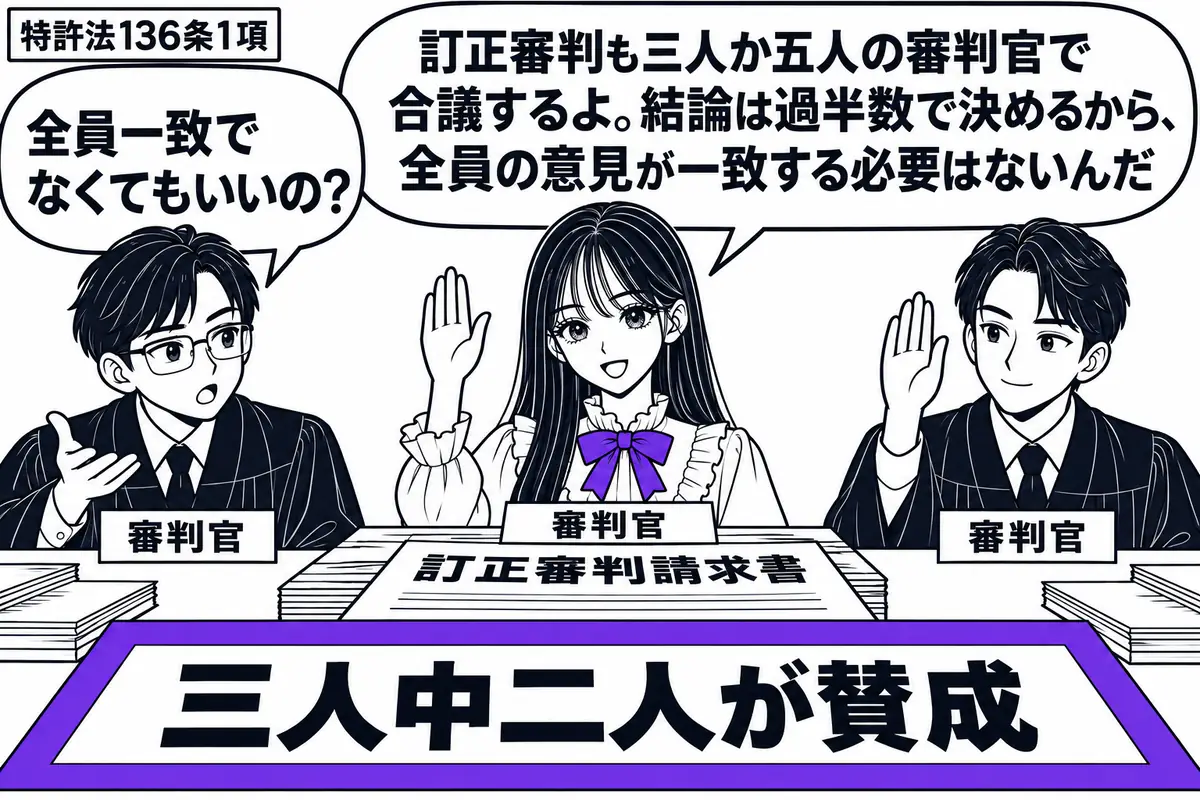 先生が合議机の中央に座る審判官役（札「審判官」）。左右に二人の同僚（共通の札「審判官」）が座り、「訂正審判請求書」を前に先生と一人が手を挙げる。机の「三人中二人が賛成」の集計用紙をヴァイオレットの枠で囲む。先生の吹き出し「訂正審判も三人か五