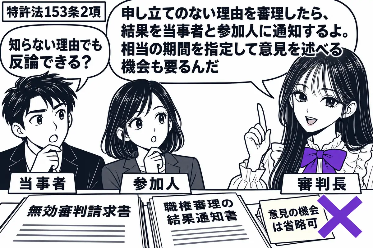 先生が机の右に立つ審判長役（札「審判長」）。左に男性（札「当事者」）と女性（札「参加人」）。机に「無効審判請求書」と職権で審理した結果の通知書を置き、「意見の機会は省略可」の付箋にヴァイオレットの×印。先生の吹き出し「申し立てのない理由を審