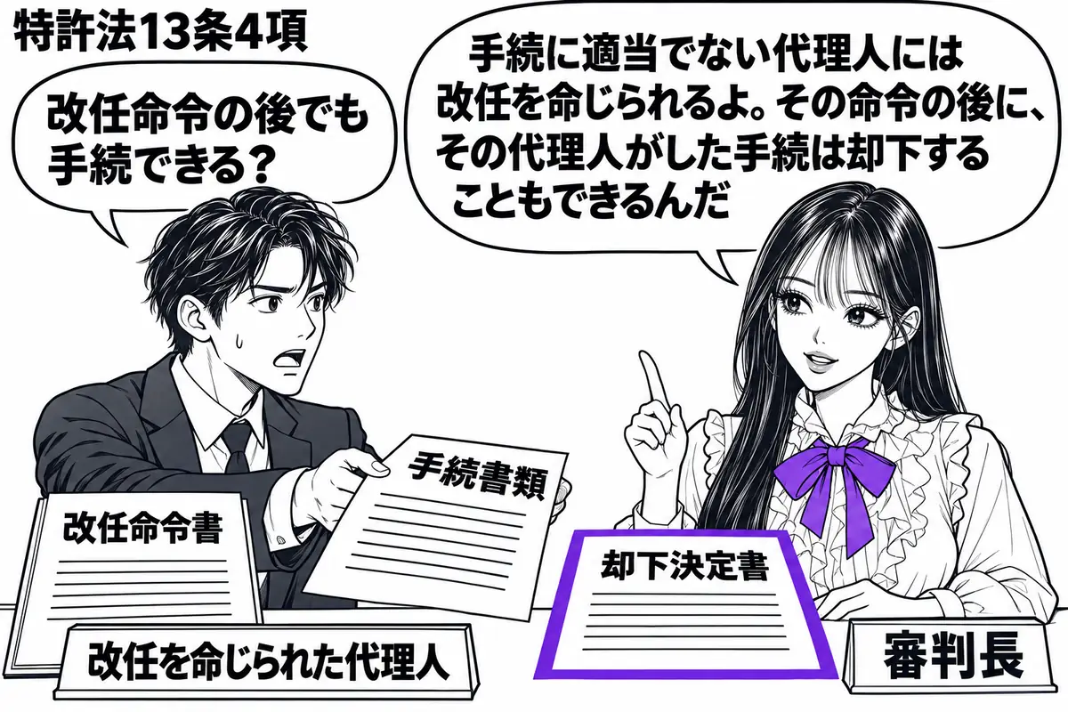 先生が右の窓口に立つ審判長役(札「審判長」)。左の代理人(札「改任を命じられた代理人」)が、改任命令書を脇に置いて新たな手続書類を差し出す。先生の机にはその手続の却下決定書があり、決定書だけをヴァイオレットの枠で囲む。先生の吹き出し「手続に