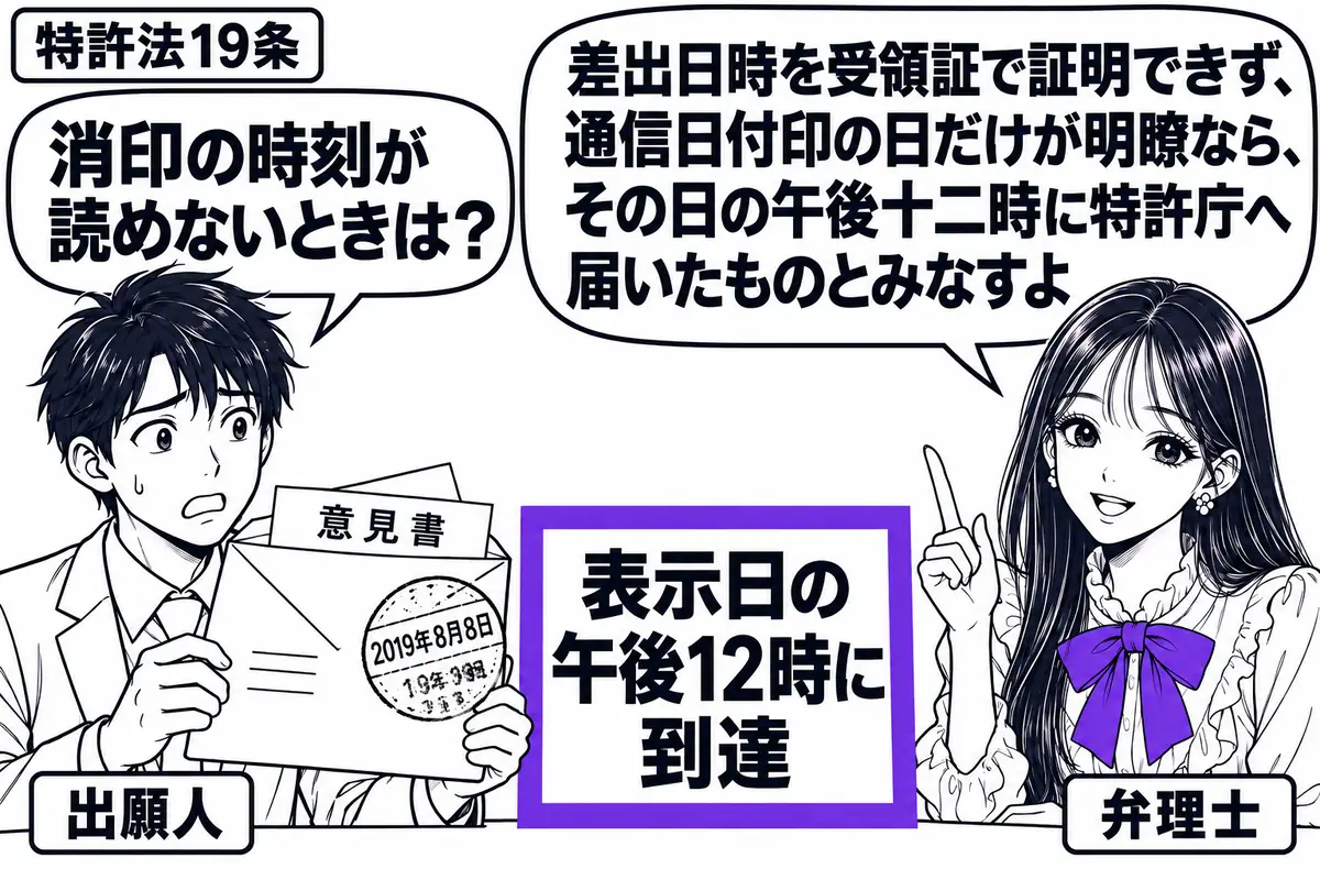 先生が右の相談机にいる弁理士役(札「弁理士」)。左の出願人(札「出願人」)が、意見書を入れた封筒を持つ。通信日付印は日付だけ鮮明で、時刻はかすれている。机に受領証はなく、封筒の横の「表示日の午後12時に到達」の札をヴァイオレットの枠で囲む。