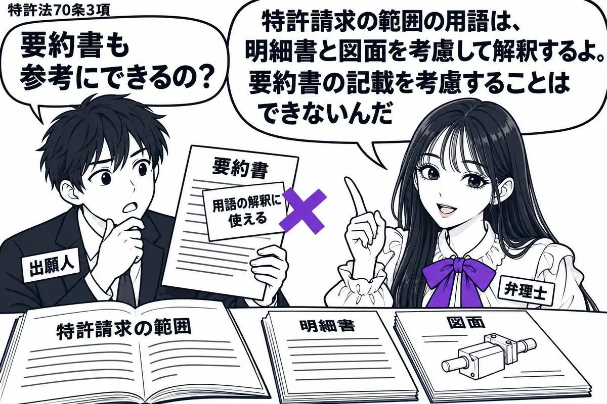 先生が机の右に立つ役(札「弁理士」)。左の男性(札「出願人」)の前に「特許請求の範囲」を開き、隣に明細書と図面を置く。男性が持つ「要約書」の「用語の解釈に使える」という付箋にヴァイオレットの×印。先生の吹き出し「特許請求の範囲の用語は、明細