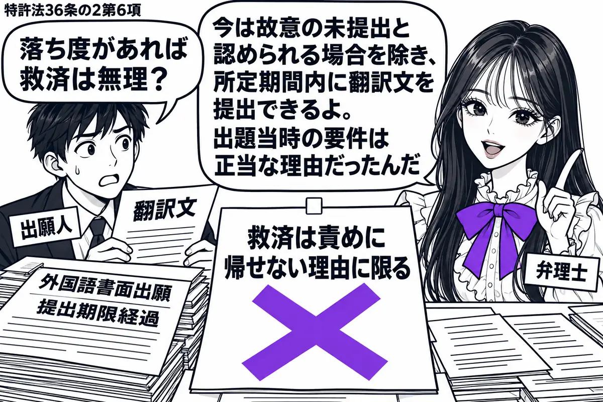 先生が弁理士役(札「弁理士」)で右側。左に翻訳文を持つ男性(札「出願人」)、机には提出期限を過ぎた外国語書面出願の書類。「救済は責めに帰せない理由に限る」の付箋にヴァイオレットの×印を付ける。先生の吹き出し「今は故意の未提出と認められる場合